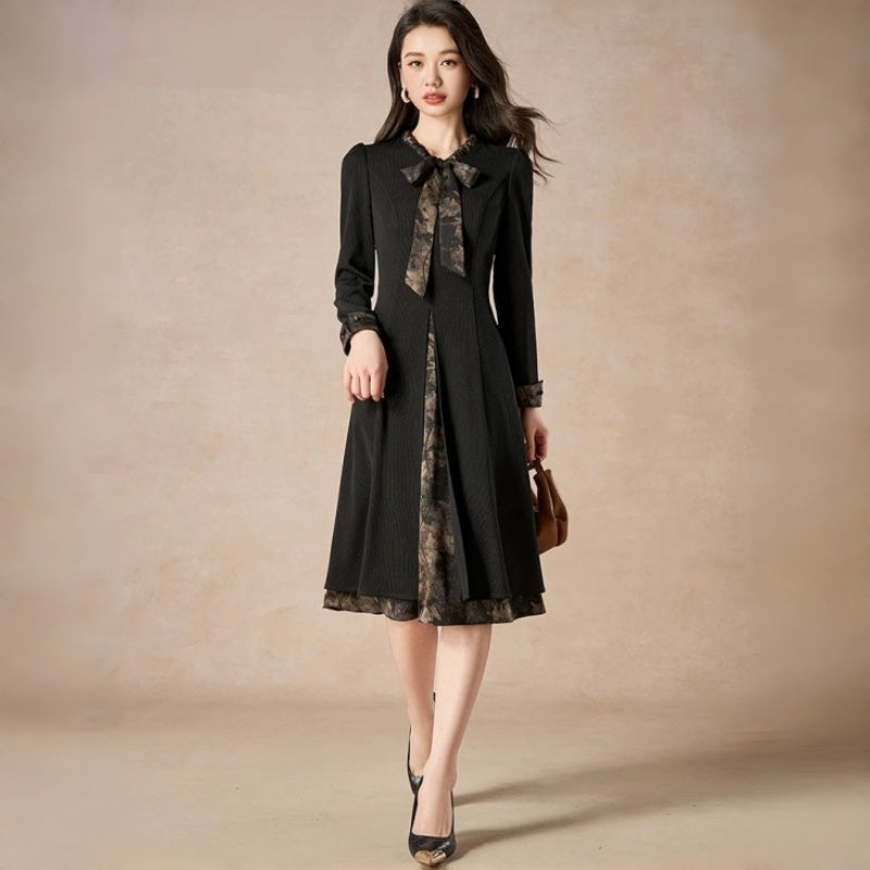 Vintage Black Long Sleeve A-Line Midi Dress with Printed Bow Tie & Trim
