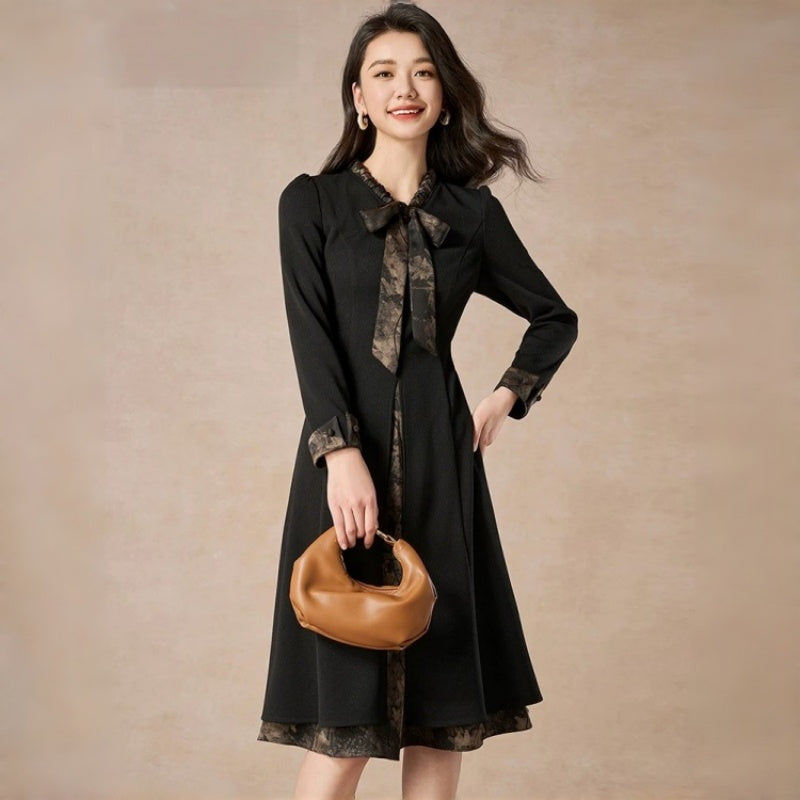 Vintage Black Long Sleeve A-Line Midi Dress with Printed Bow Tie & Trim