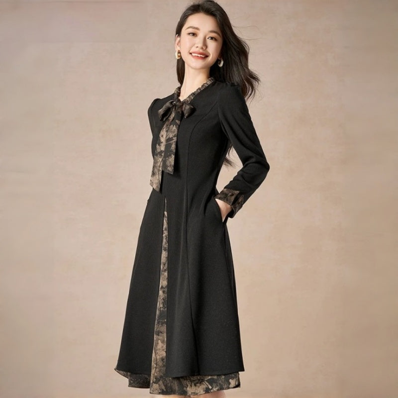 Vintage Black Long Sleeve A-Line Midi Dress with Printed Bow Tie & Trim