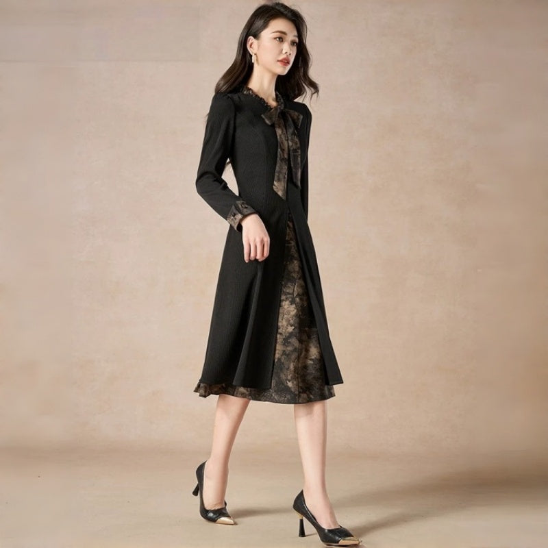 Vintage Black Long Sleeve A-Line Midi Dress with Printed Bow Tie & Trim