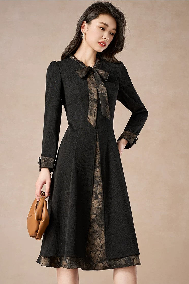 Vintage Black Long Sleeve A-Line Midi Dress with Printed Bow Tie & Trim