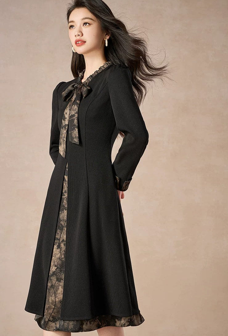 Vintage Black Long Sleeve A-Line Midi Dress with Printed Bow Tie & Trim