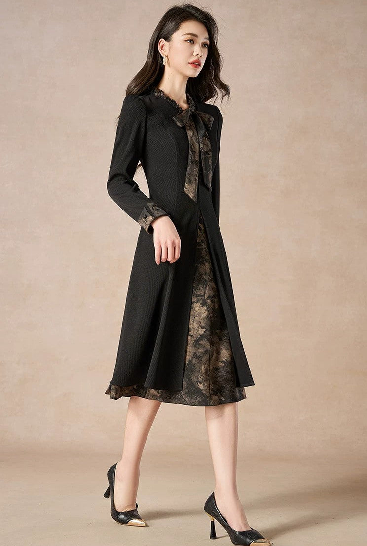 Vintage Black Long Sleeve A-Line Midi Dress with Printed Bow Tie & Trim