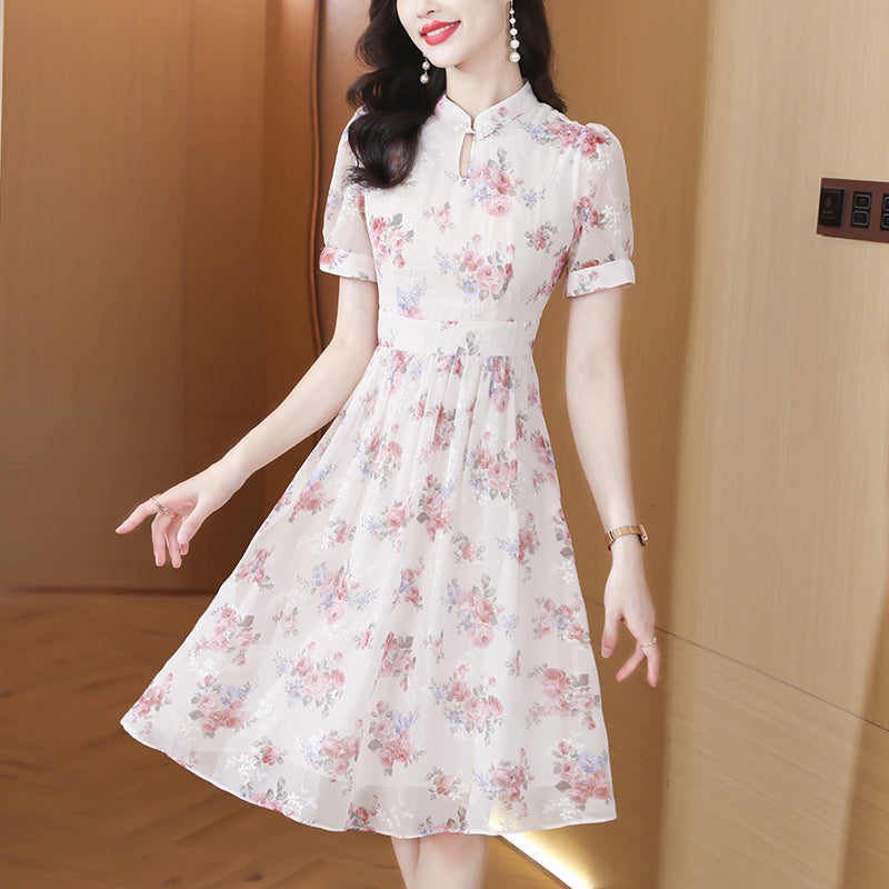 Vintage Blossom Mandarin Collar Chiffon Midi Dress