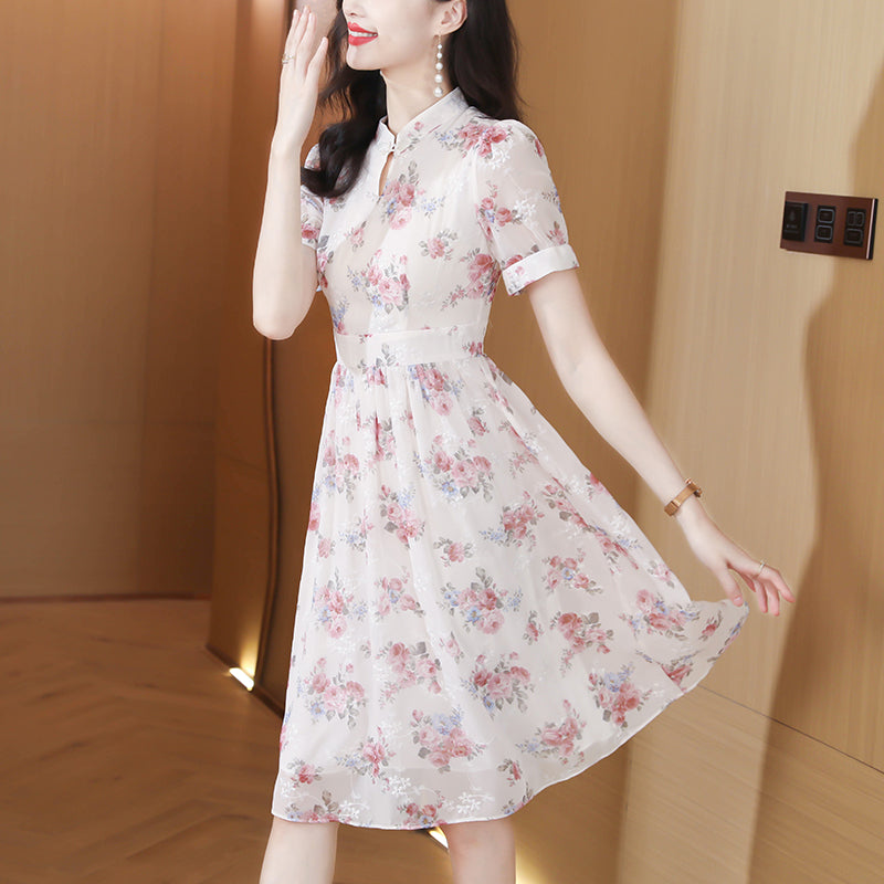 Vintage Blossom Mandarin Collar Chiffon Midi Dress