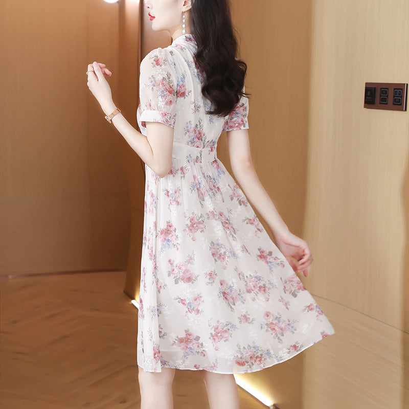 Vintage Blossom Mandarin Collar Chiffon Midi Dress