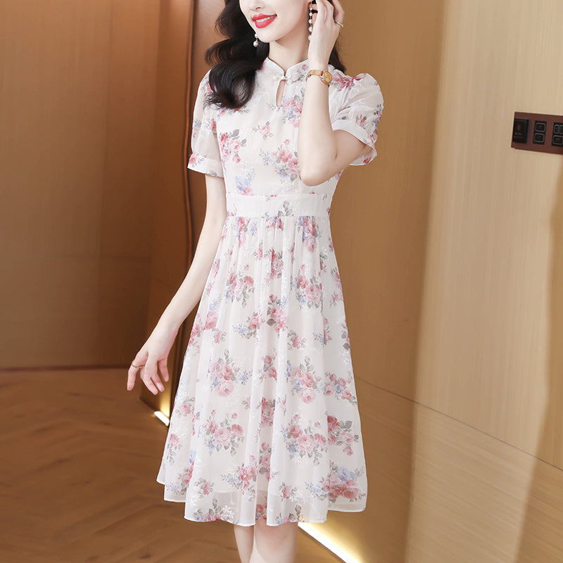 Vintage Blossom Mandarin Collar Chiffon Midi Dress
