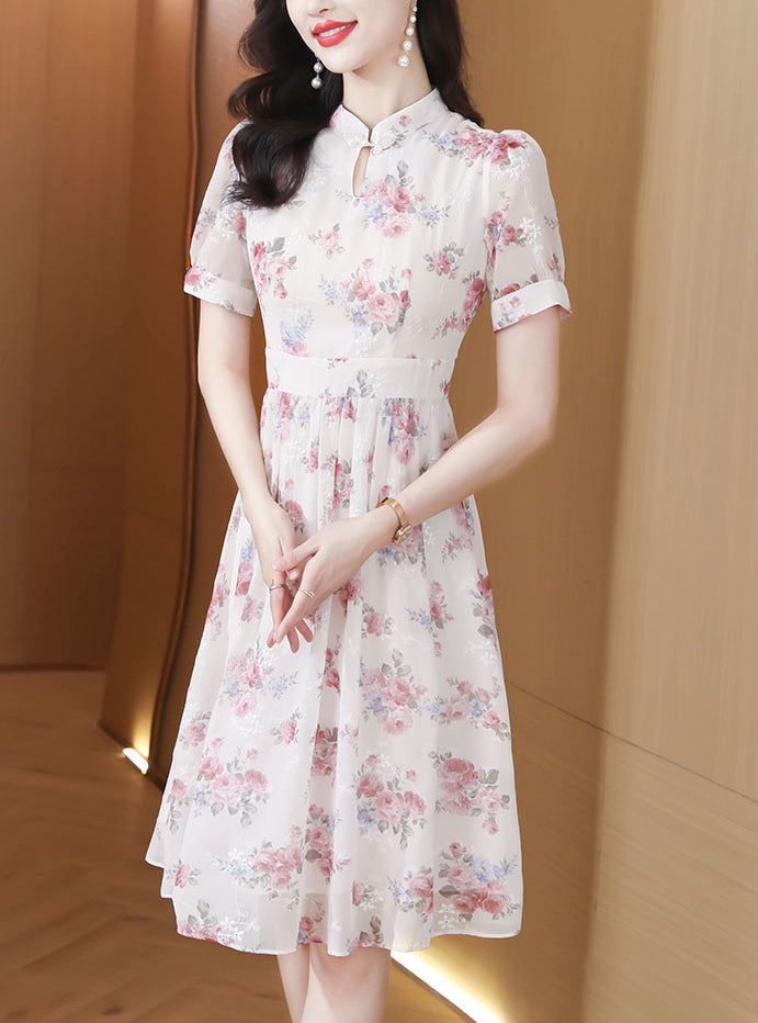 Vintage Blossom Mandarin Collar Chiffon Midi Dress