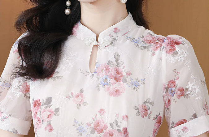 Vintage Blossom Mandarin Collar Chiffon Midi Dress