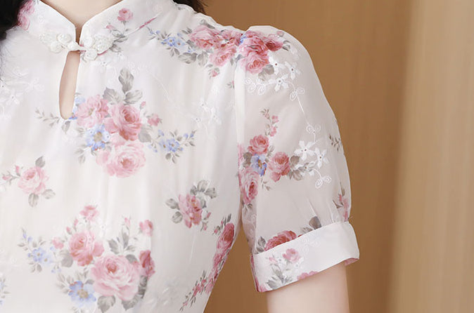 Vintage Blossom Mandarin Collar Chiffon Midi Dress