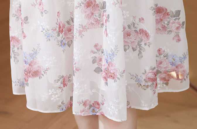 Vintage Blossom Mandarin Collar Chiffon Midi Dress