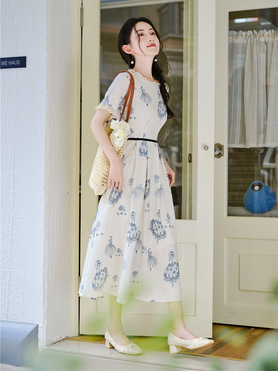 Vintage Blue Ballerina Print Midi Dress
