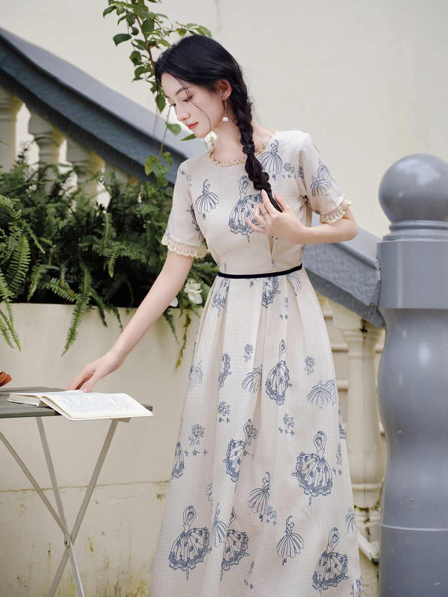Vintage Blue Ballerina Print Midi Dress