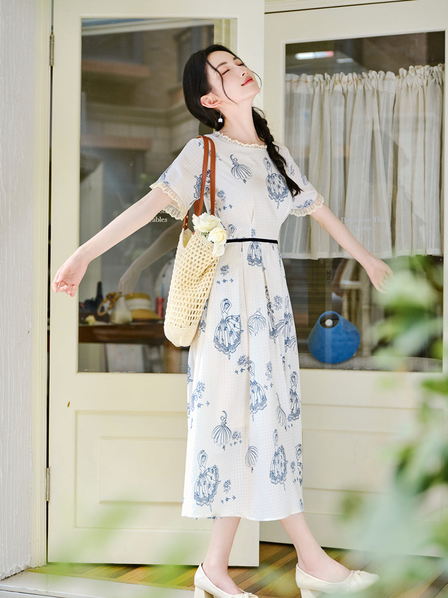 Vintage Blue Ballerina Print Midi Dress