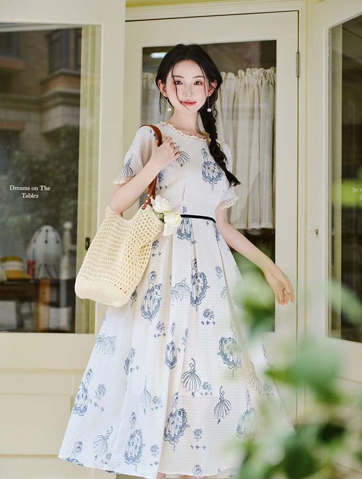Vintage Blue Ballerina Print Midi Dress