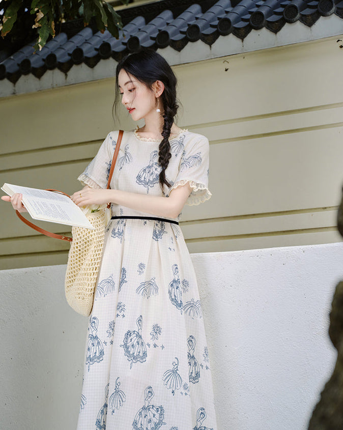 Vintage Blue Ballerina Print Midi Dress