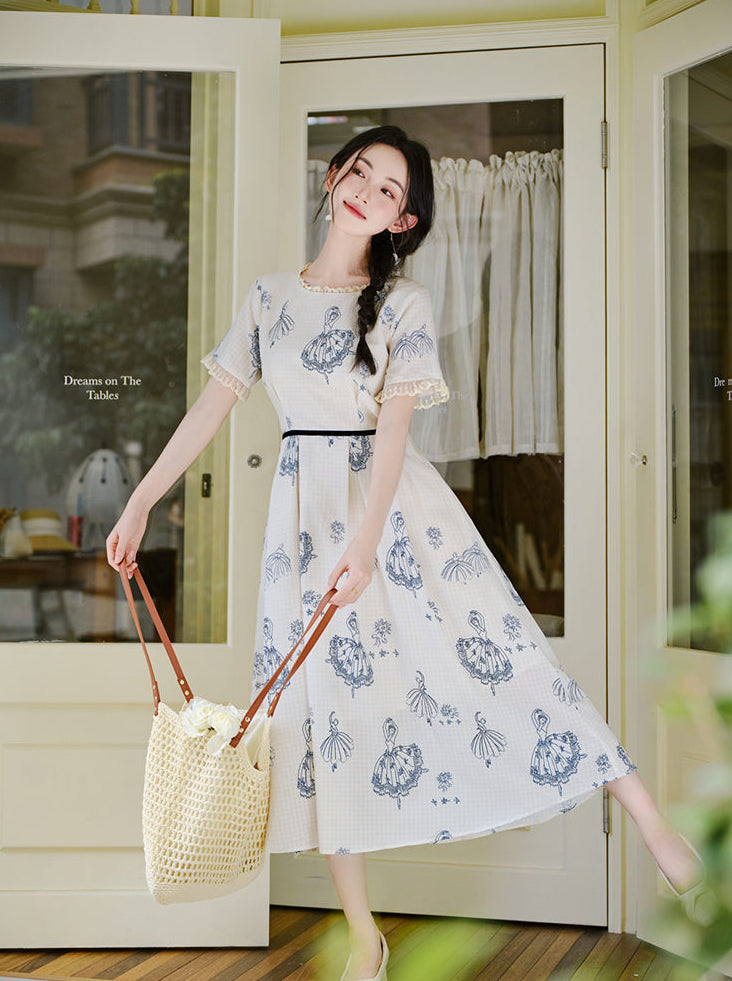 Vintage Blue Ballerina Print Midi Dress
