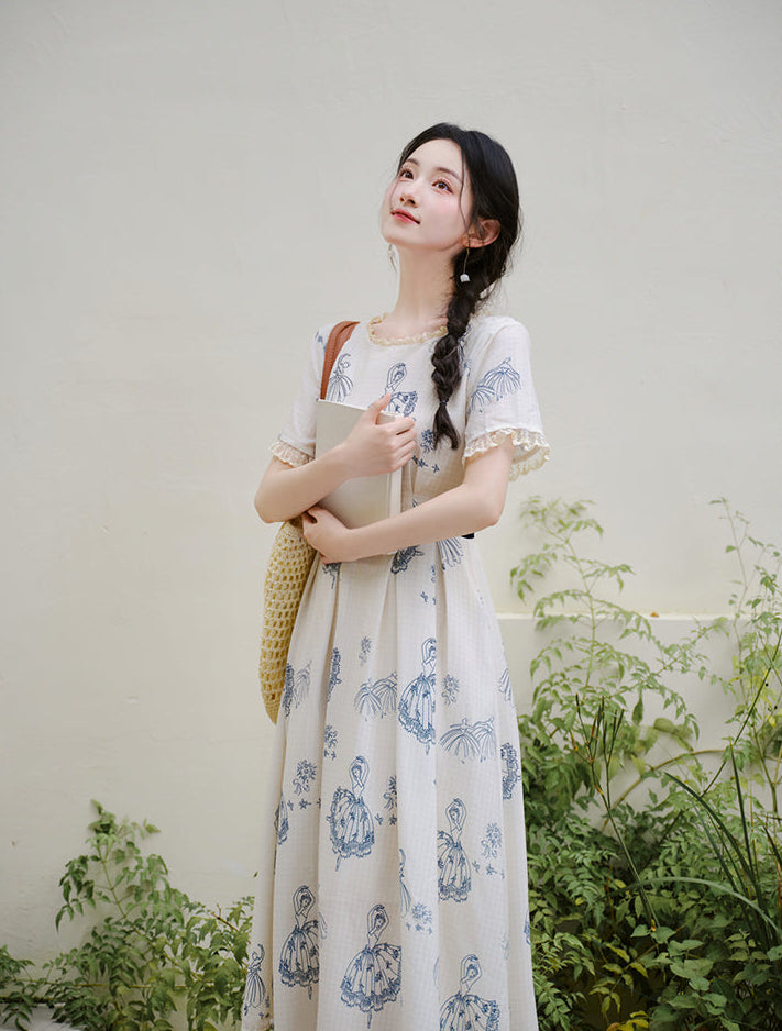 Vintage Blue Ballerina Print Midi Dress
