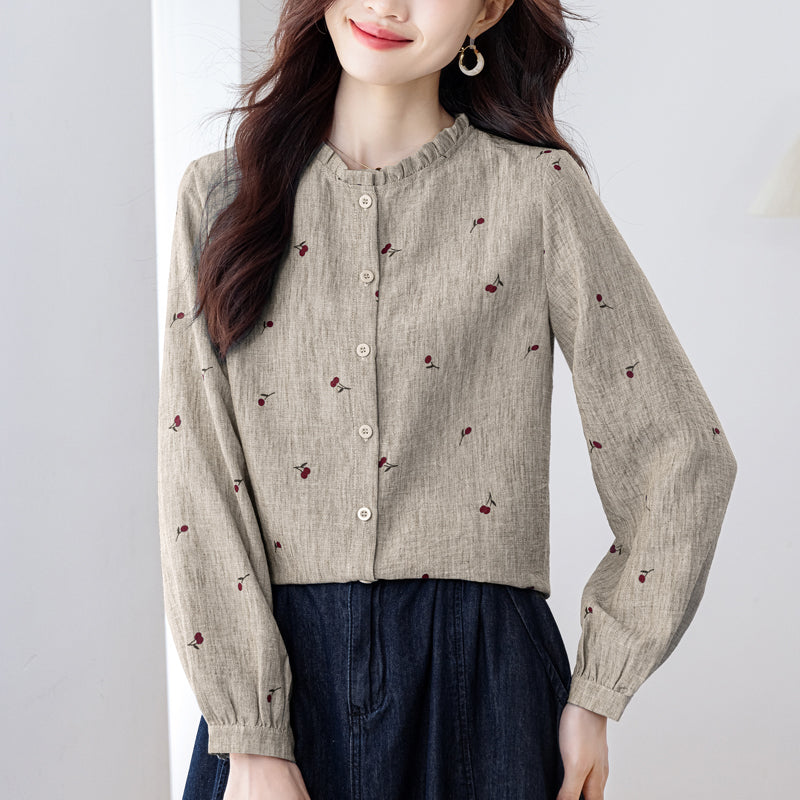 Vintage Cherry Print Long-Sleeve Button-Down Shirt