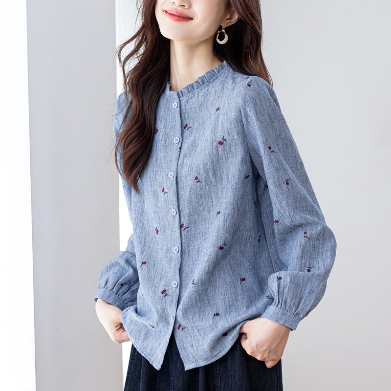 Vintage Cherry Print Long-Sleeve Button-Down Shirt