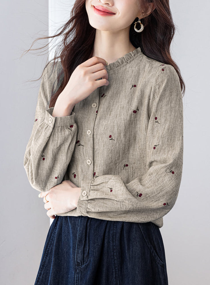 Vintage Cherry Print Long-Sleeve Button-Down Shirt