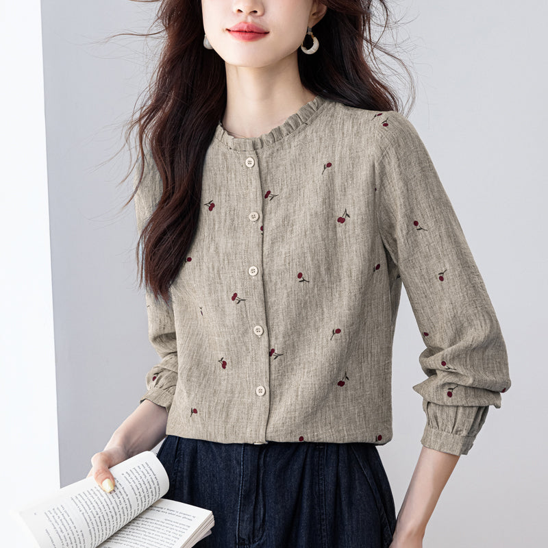 Vintage Cherry Print Long-Sleeve Button-Down Shirt