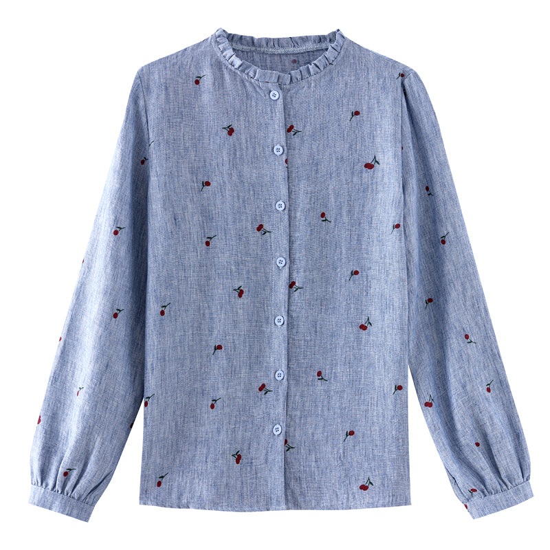 Vintage Cherry Print Long-Sleeve Button-Down Shirt