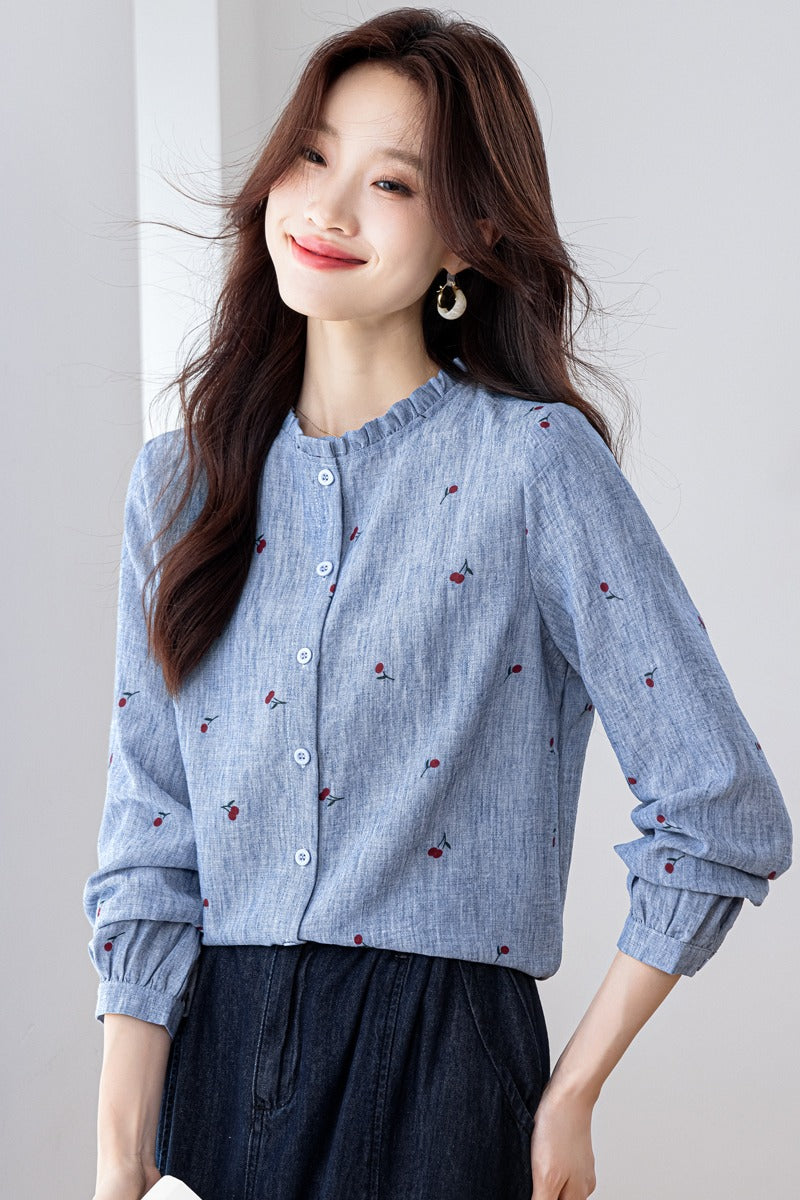 Vintage Cherry Print Long-Sleeve Button-Down Shirt