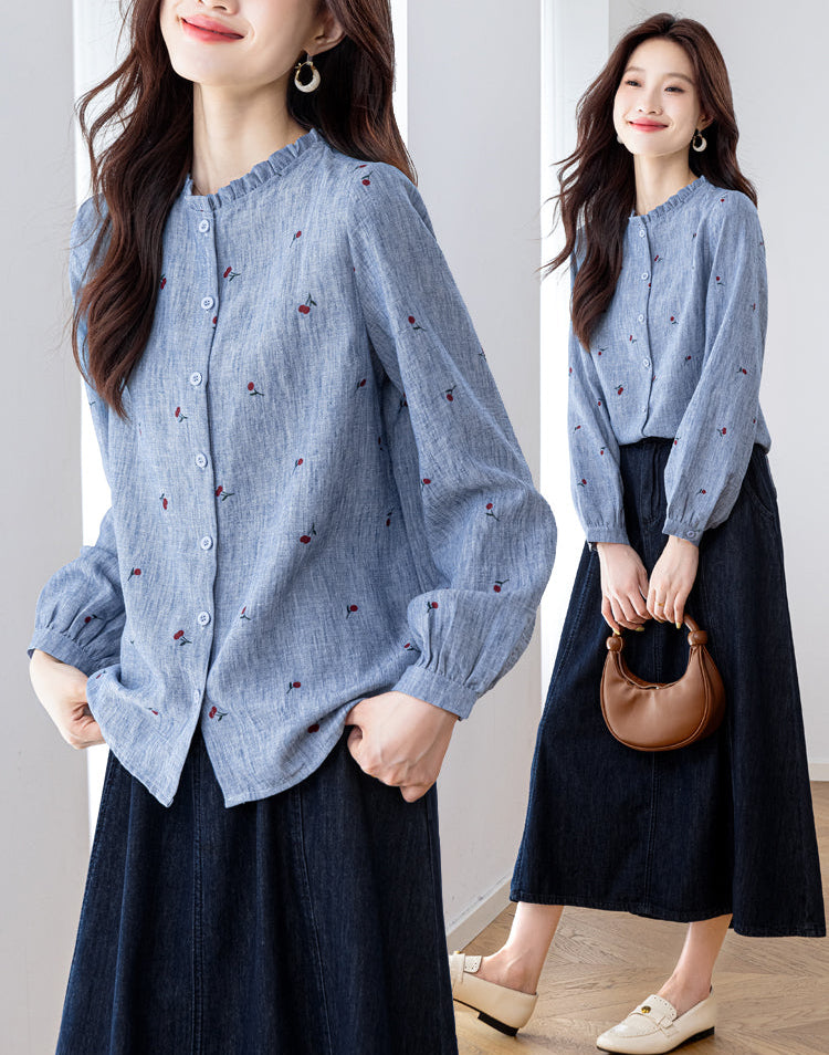 Vintage Cherry Print Long-Sleeve Button-Down Shirt