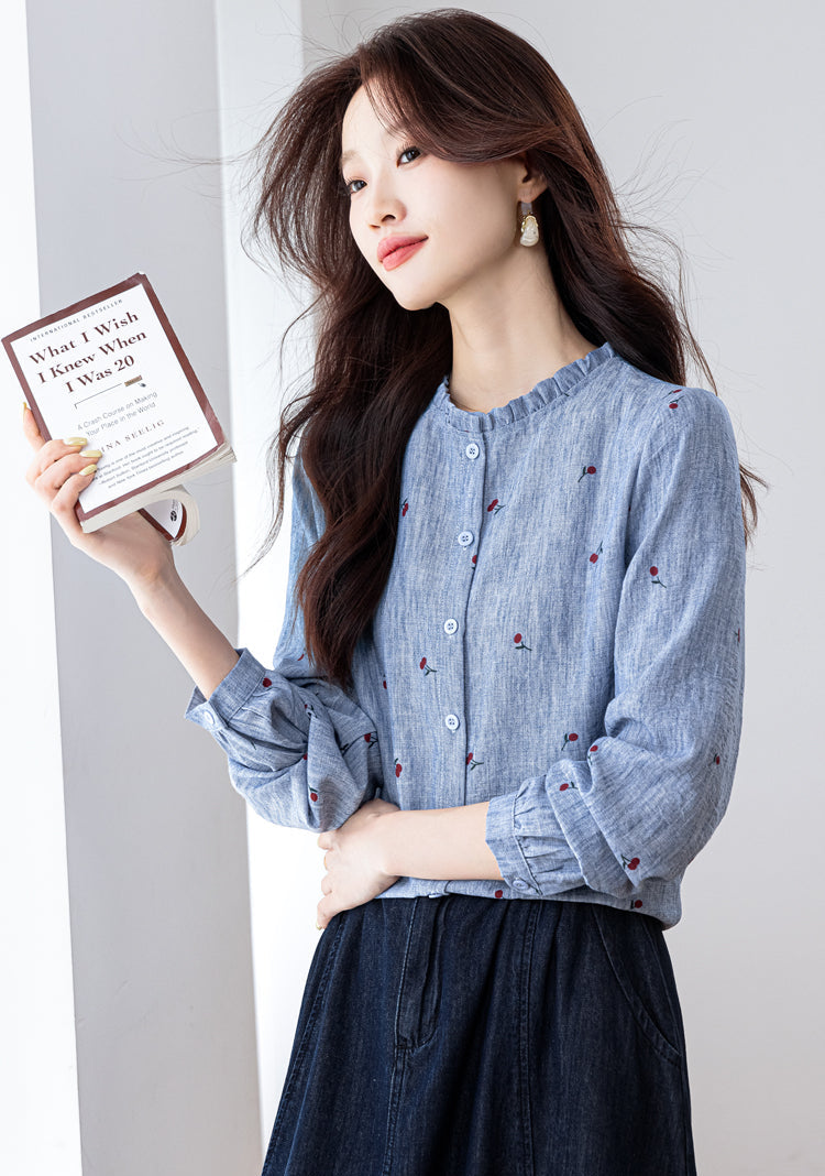 Vintage Cherry Print Long-Sleeve Button-Down Shirt
