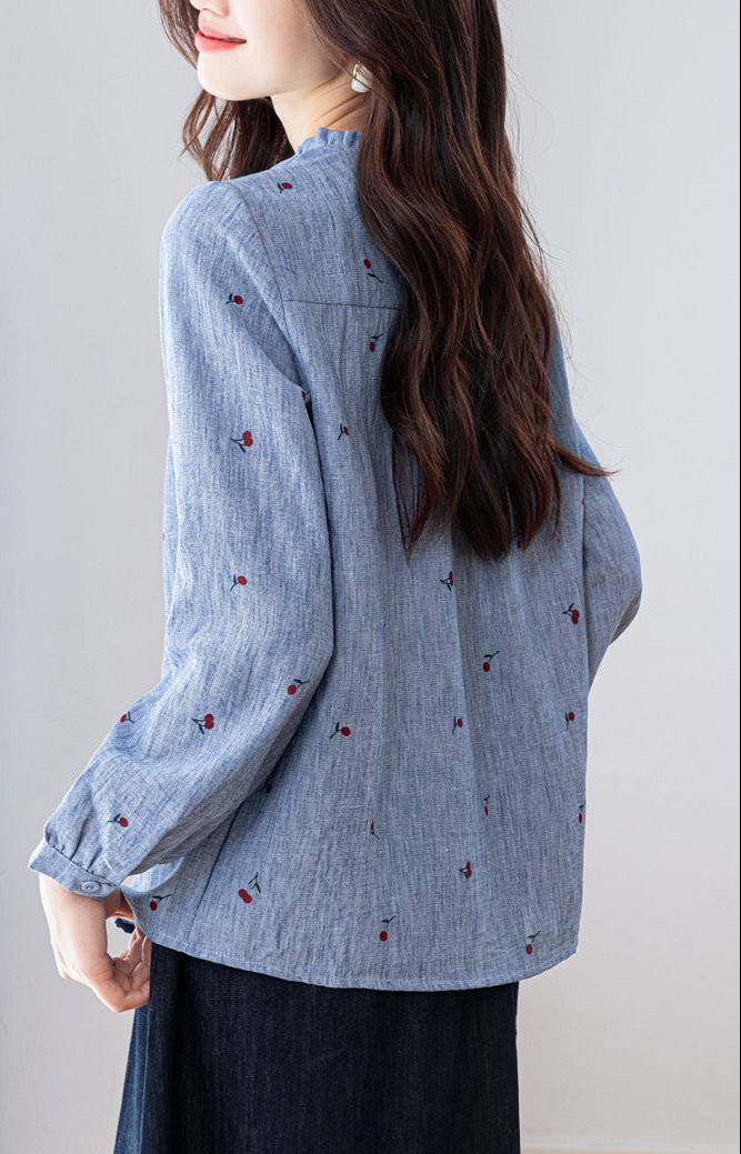 Vintage Cherry Print Long-Sleeve Button-Down Shirt