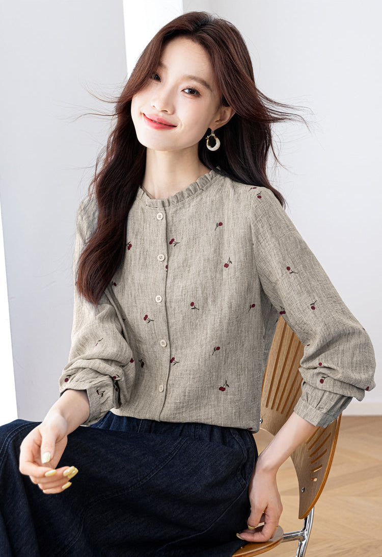 Vintage Cherry Print Long-Sleeve Button-Down Shirt