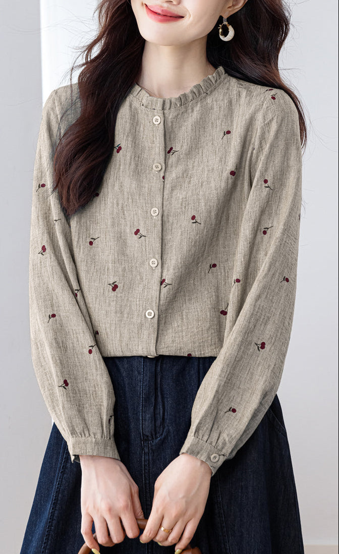 Vintage Cherry Print Long-Sleeve Button-Down Shirt
