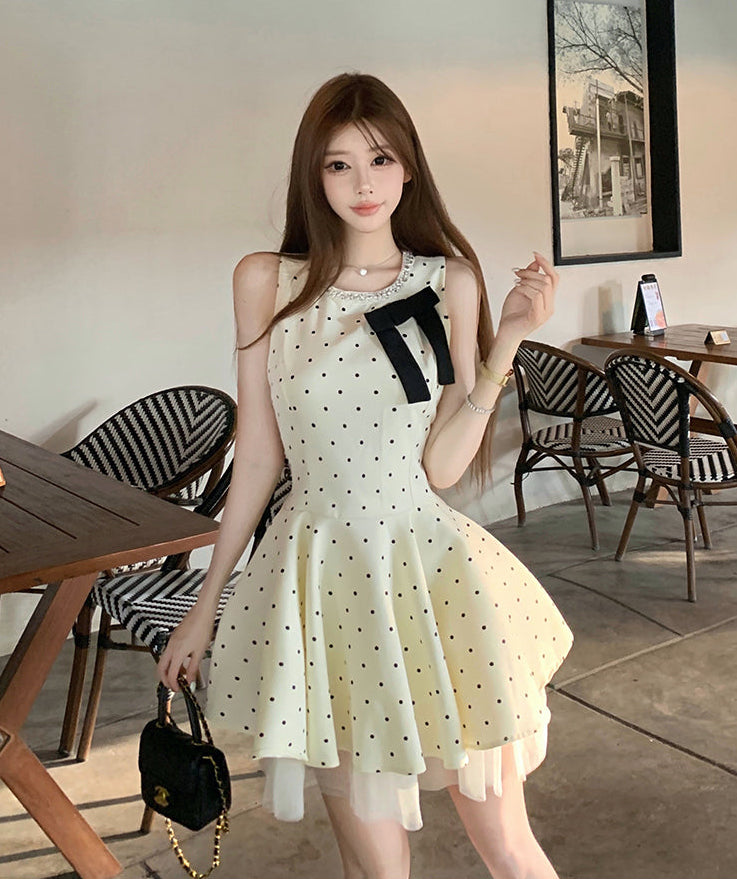 Vintage Chic Polka Dot Bow Mini Skater Dress