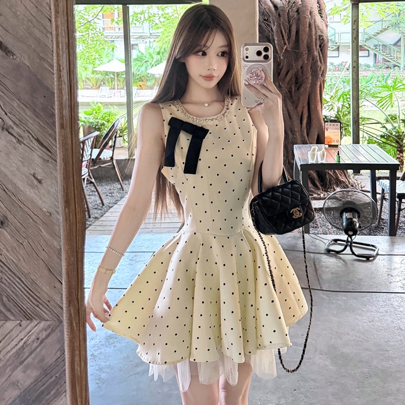 Vintage Chic Polka Dot Bow Mini Skater Dress