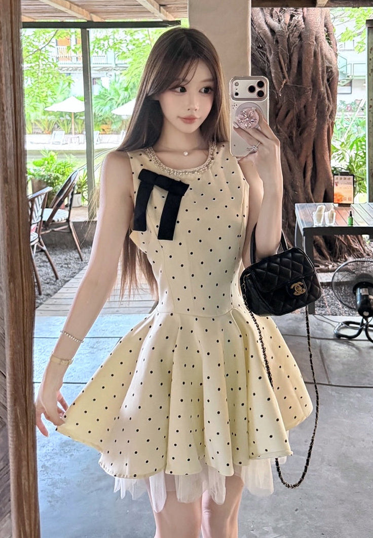 Vintage Chic Polka Dot Bow Mini Skater Dress
