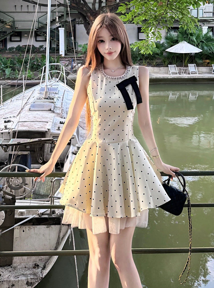 Vintage Chic Polka Dot Bow Mini Skater Dress