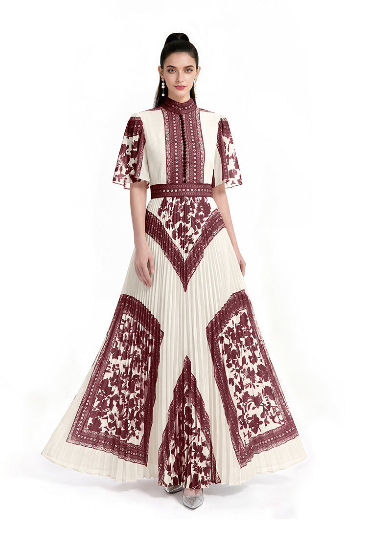 Vintage Contrast Lace-Border Pleated Mock-Neck Maxi Dress