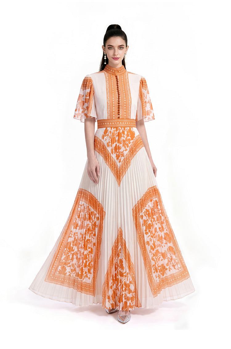 Vintage Contrast Lace-Border Pleated Mock-Neck Maxi Dress