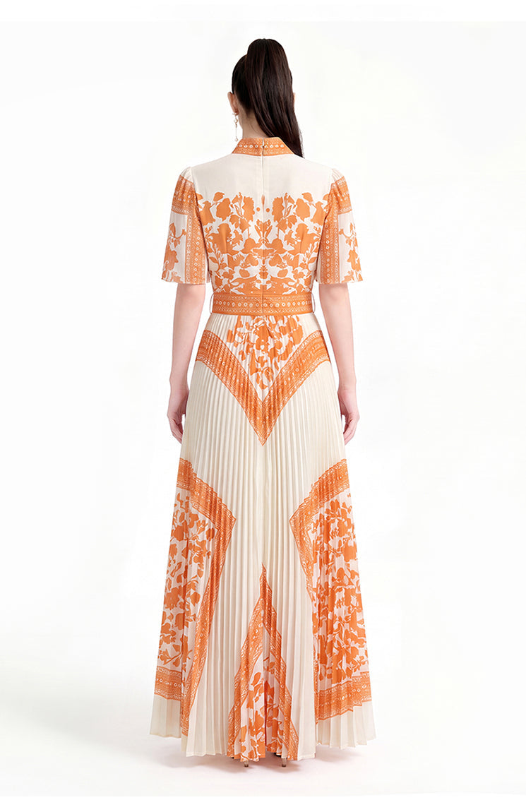 Vintage Contrast Lace-Border Pleated Mock-Neck Maxi Dress