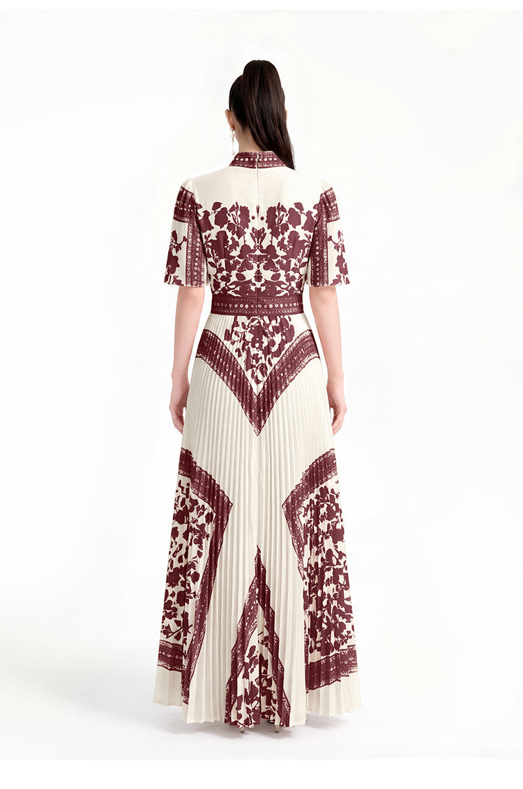 Vintage Contrast Lace-Border Pleated Mock-Neck Maxi Dress
