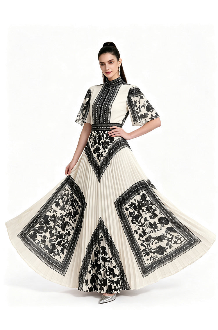 Vintage Contrast Lace-Border Pleated Mock-Neck Maxi Dress