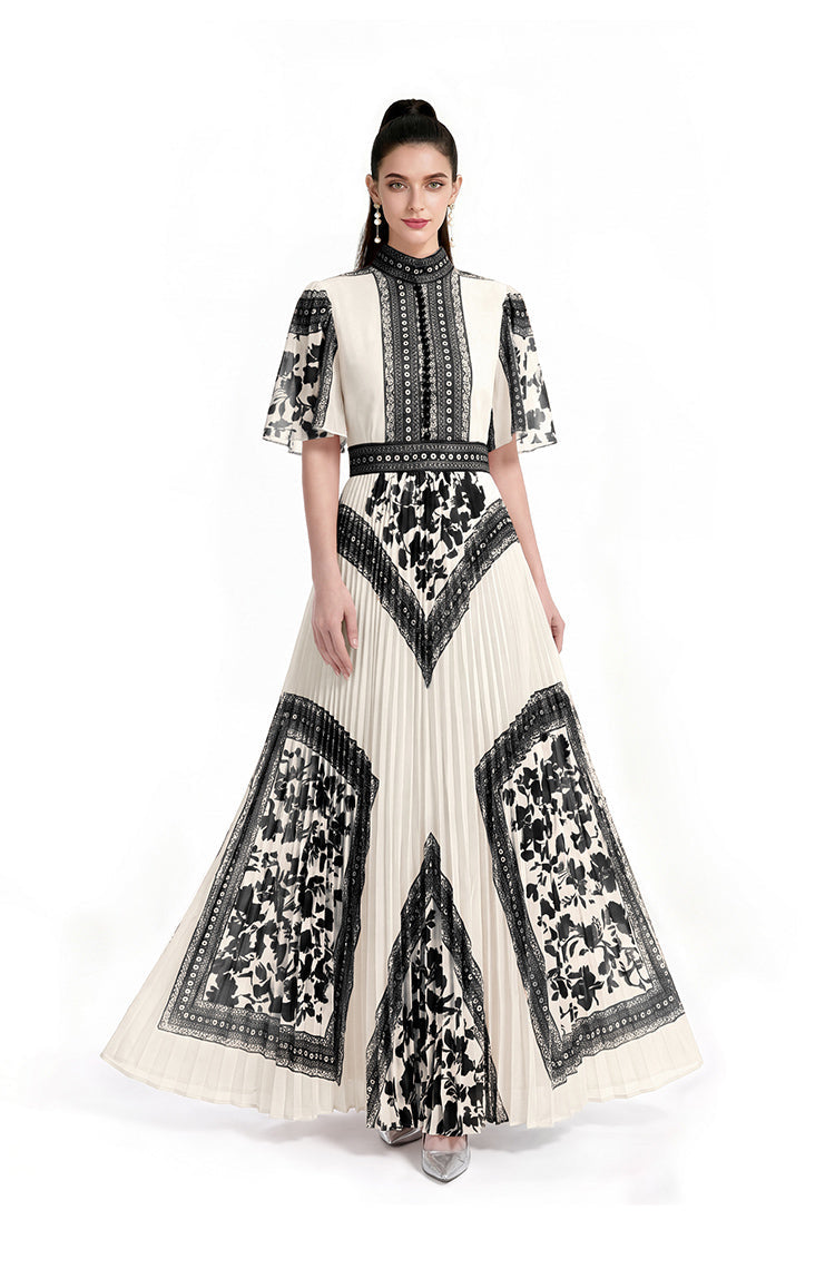 Vintage Contrast Lace-Border Pleated Mock-Neck Maxi Dress