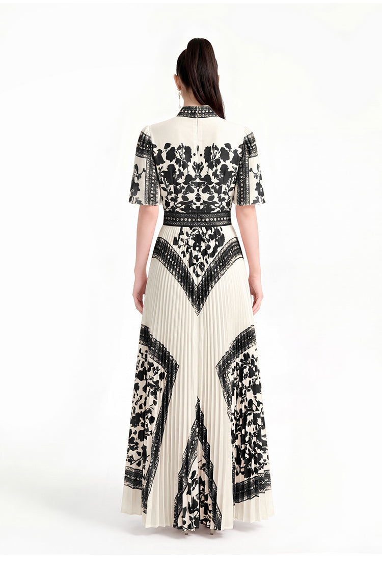 Vintage Contrast Lace-Border Pleated Mock-Neck Maxi Dress