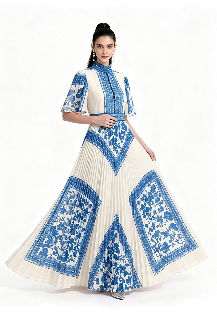 Vintage Contrast Lace-Border Pleated Mock-Neck Maxi Dress