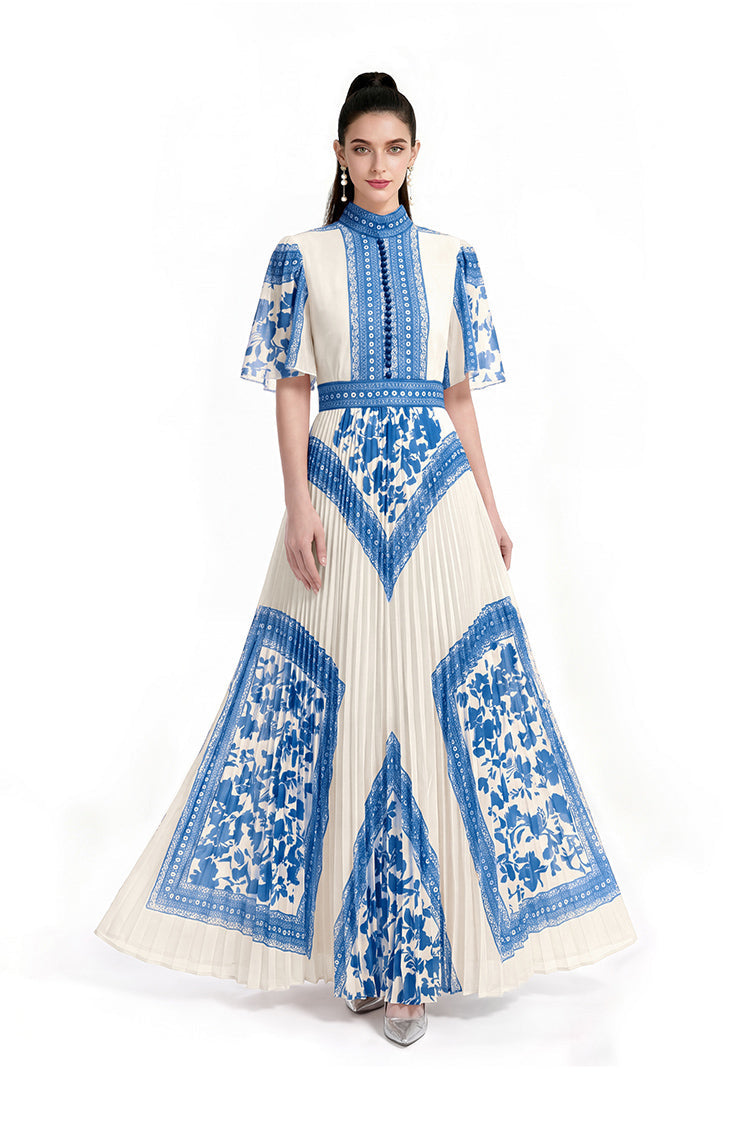 Vintage Contrast Lace-Border Pleated Mock-Neck Maxi Dress