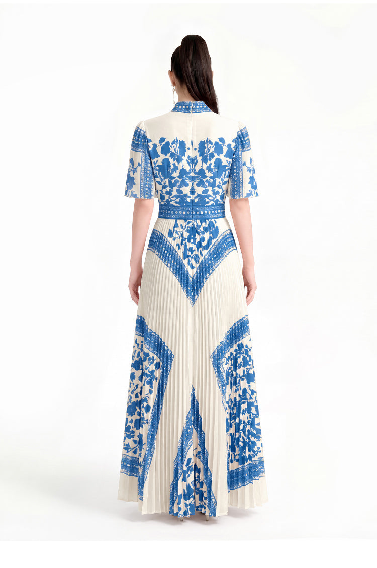 Vintage Contrast Lace-Border Pleated Mock-Neck Maxi Dress