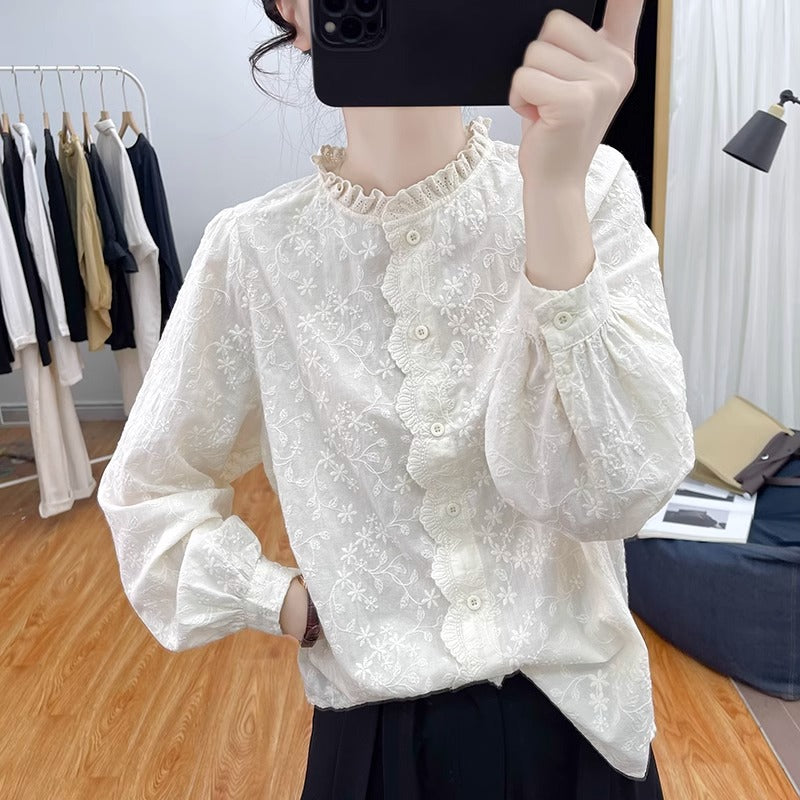 Vintage Cream Embroidered Lace Collar Shirt