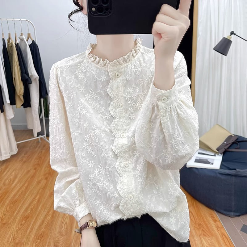 Vintage Cream Embroidered Lace Collar Shirt