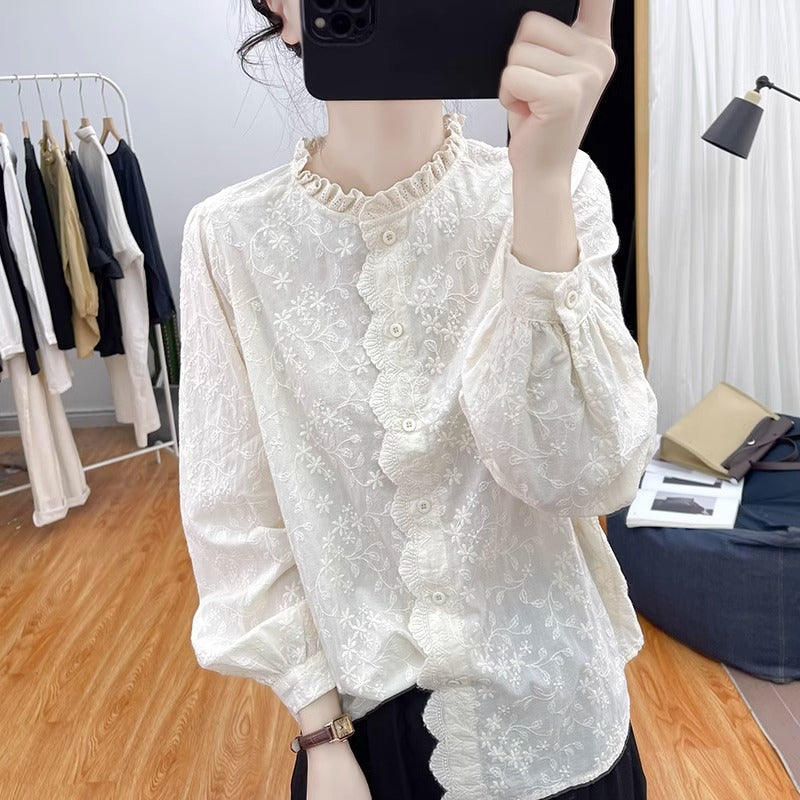 Vintage Cream Embroidered Lace Collar Shirt